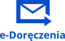 Grafika przedstawia białą ikonę koperty z strzałką skierowaną w prawo, umieszczoną na jednolitym niebieskim tle. Pod ikoną widoczny jest napis „e‑Doręczenia”. Całość nawiązuje do usługi elektronicznego doręczania korespondencji.