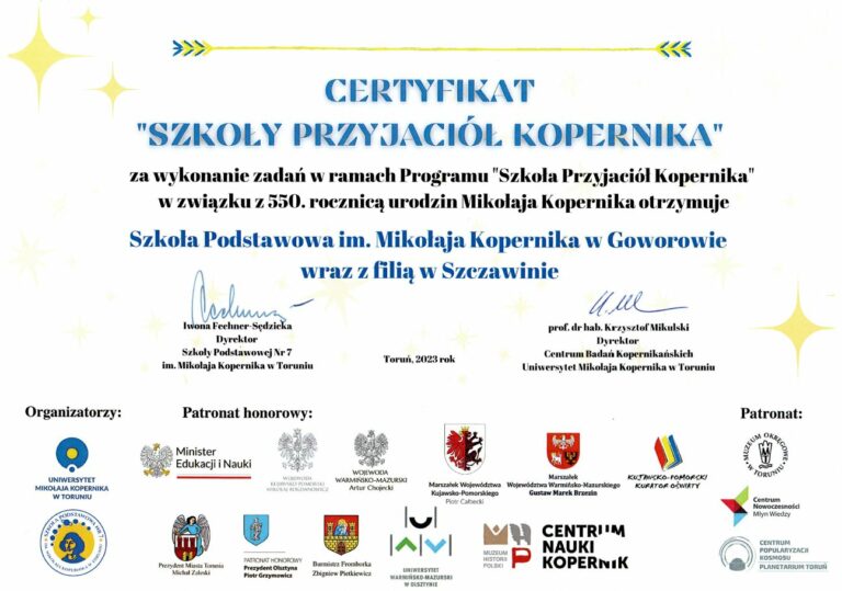 Informacja - Szkoła Podstawowa im. Mikołaja Kopernika w&nbsp;Goworowie z&nbsp;certyfikatem &bdquo;Szk&oacute;ł Przyjaci&oacute;ł Kopernika&rdquo;