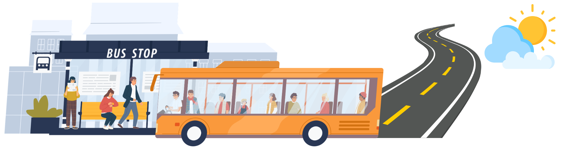 Ilustracja przedstawia zadaszony przystanek autobusowy z&nbsp;kilkoma osobami czekającymi na&nbsp;autobus. Obok zatrzymany jest pomarańczowy autobus, w&nbsp;kt&oacute;rego dużych oknach widać siedzących pasażer&oacute;w. W tle stoją budynki, a&nbsp;po prawej stronie biegnie zakrzywiona droga. W prawym g&oacute;rnym rogu znajduje się słońce częściowo przysłonięte chmurami, sugerujące pogodny dzień.