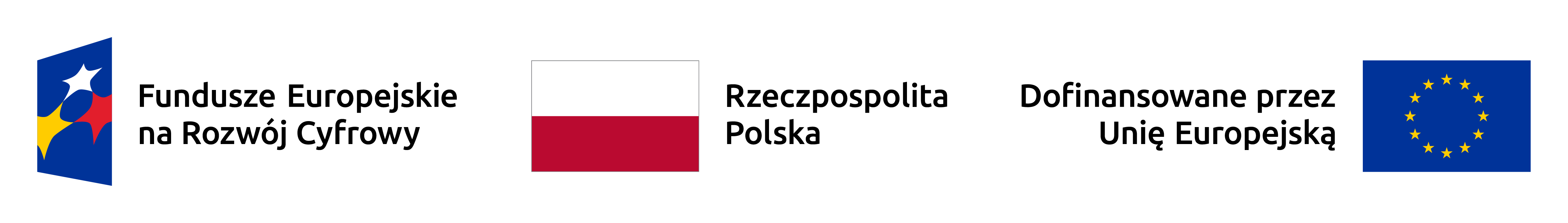 &bdquo;Trzy logotypy instytucji wspierających projekt: Fundusze Europejskie na&nbsp;Rozw&oacute;j Cyfrowy, Rzeczpospolita Polska oraz&nbsp;Unia Europejska. Obok logotyp&oacute;w znajduje się informacja o&nbsp;dofinansowaniu ze środk&oacute;w Unii Europejskiej.