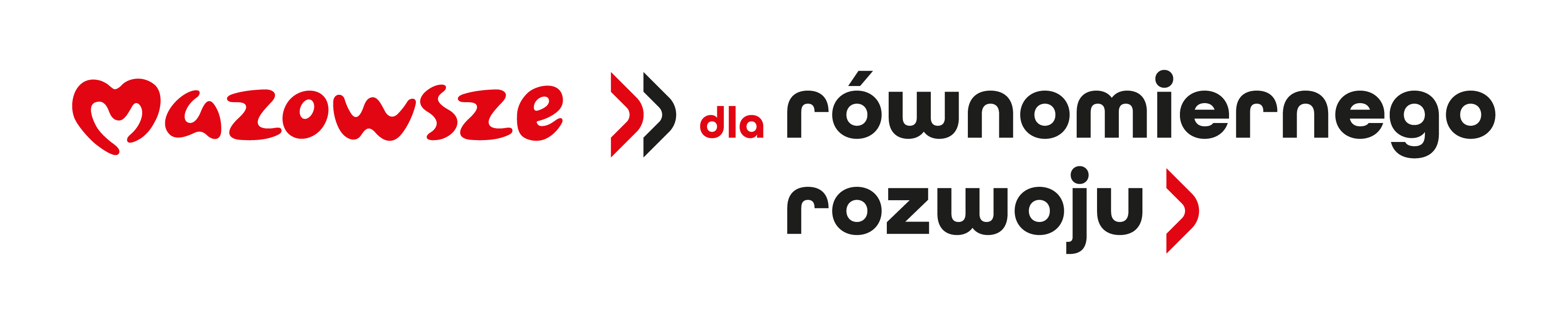 Logotyp przedstawia czerwony napis &bdquo;Mazowsze&rdquo;, zapisany stylizowaną czcionką, w&nbsp;kt&oacute;rej litera &bdquo;M&rdquo; ma kształt przypominający serce. Pod nim znajduje się czarny tekst &bdquo;dla r&oacute;wnomiernego rozwoju&rdquo;, rozdzielony dwoma czerwonymi, ukośnymi znakami graficznymi. Całość tworzy prosty, czytelny znak promujący ideę r&oacute;wnomiernego rozwoju regionu Mazowsza.