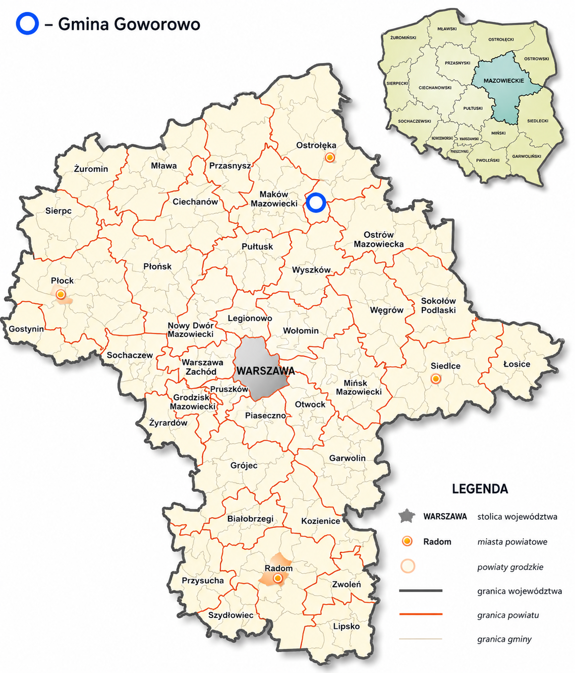Mapa przedstawia wojew&oacute;dztwo mazowieckie z&nbsp;podziałem na&nbsp;powiaty i&nbsp;gminy. Granice wojew&oacute;dztwa oznaczono czarną linią, granice powiat&oacute;w czerwoną, a&nbsp;granice gmin pomarańczową. Na mapie widoczne są gł&oacute;wne miasta regionu, m.in. Warszawa, Radom, Płock, Ostrołęka, Siedlce i&nbsp;Ciechan&oacute;w. W centralno‑p&oacute;łnocnej części wojew&oacute;dztwa niebieskim okręgiem zaznaczono lokalizację gminy Goworowo, położonej między Ostrołęką a&nbsp;Makowem Mazowieckim. W prawym g&oacute;rnym rogu znajduje się mała mapa Polski z&nbsp;wyr&oacute;żnionym obszarem wojew&oacute;dztwa mazowieckiego. Legenda w&nbsp;dolnej części obrazu objaśnia symbole granic oraz&nbsp;oznaczenia miast.