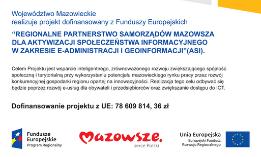 Plakat informacyjny w języku polskim, utrzymany w jasnej kolorystyce z przewagą bieli oraz niebieskich i żółtych akcentów. W górnej części znajduje się tekst „Województwo Mazowieckie realizuje projekt dofinansowany z Funduszy Europejskich”, zapisany dużą,