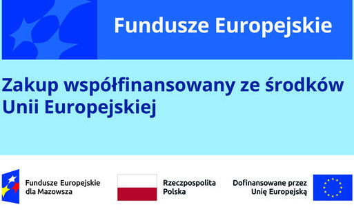 Baner informacyjny w odcieniach niebieskiego z białymi elementami. W górnej części widnieje napis „Fundusze Europejskie” z motywem gwiazd ułożonych w półokrąg. Poniżej znajduje się tekst „Zakup współfinansowany ze środków Unii Europejskiej”. Dolny fragmen