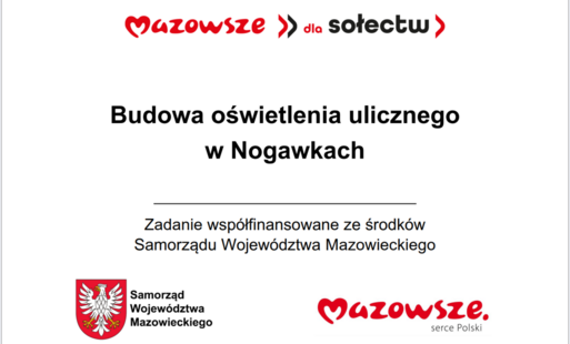 Grafika przedstawia prostokątną tablicę informacyjną o białym tle, zawierającą tekst oraz oficjalne oznaczenia Samorządu Województwa Mazowieckiego. W górnej części widnieje czerwony napis „Mazowsze dla sołectw”. Poniżej umieszczono główną informację: „Bud