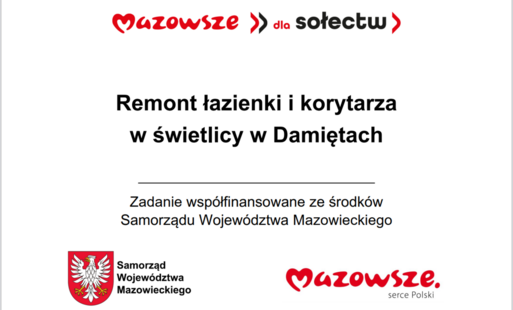 Grafika przedstawia prostokątną tablicę informacyjną o białym tle, zawierającą tekst oraz oficjalne oznaczenia Samorządu Województwa Mazowieckiego. W górnej części widnieje czerwony napis „Mazowsze dla sołectw”. Poniżej umieszczono główną informację: „Rem