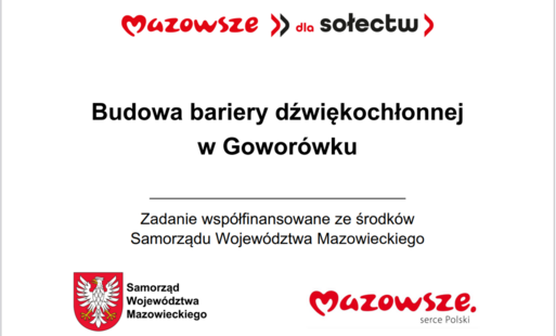 Grafika przedstawia prostokątną tablicę informacyjną o białym tle, zawierającą tekst oraz oficjalne oznaczenia Samorządu Województwa Mazowieckiego. W górnej części widnieje czerwony napis „Mazowsze dla sołectw”. Poniżej umieszczono główną informację: „Bud
