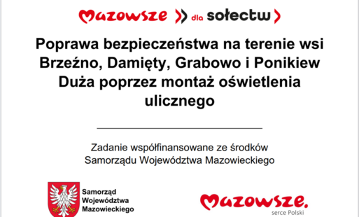 Grafika przedstawia prostokątną tablicę informacyjną o białym tle, zawierającą wyśrodkowany tekst oraz oficjalne elementy identyfikacyjne Samorządu Województwa Mazowieckiego. W górnej części widnieje czerwony napis „Mazowsze dla sołectw”. Poniżej znajduje