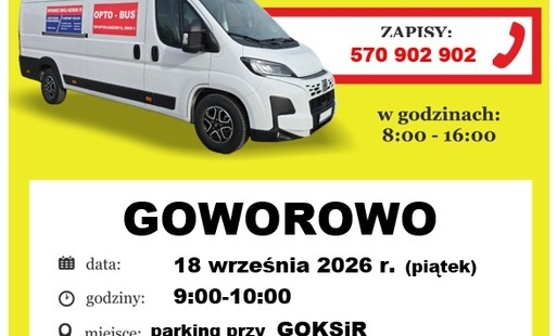 Plakat informacyjny o bezpłatnym badaniu wzroku organizowanym przez mobilny punkt „OPTO‑BUS”. Tło jest intensywnie żółte, a w centralnej części znajduje się zdjęcie białego busa z dużym napisem „OPTO‑BUS” na boku pojazdu. Nad zdjęciem umieszczono duży, po