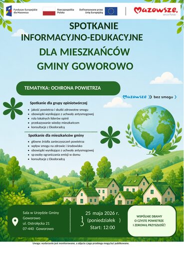Plakat ma układ pionowy i utrzymany jest w zielonej, ekologicznej stylistyce. W g&oacute;rnej części znajdują się cztery logotypy instytucji finansujących i wspierających projekt: Fundusze Europejskie dla Mazowsza, Rzeczpospolita Polska, Unia Europejska oraz Maz