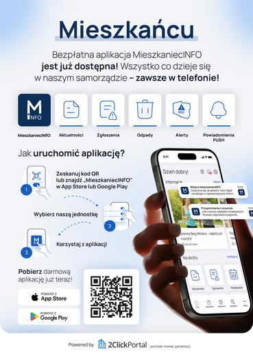 Plakat MieszkaniecINFO, aplikacja mobilna dla mieszkańc&oacute;w