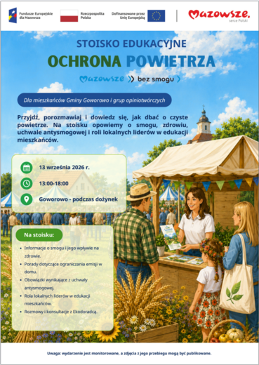 Plakat stoisko edukacyjne Ochrona powietrza z hasłem Mazowsze bez smogu, opisem wydarzenia i zdjęciem stoiska na świeżym powietrzu.