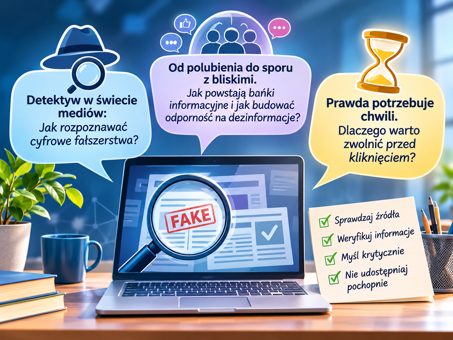 Grafika przedstawia laptop stojący na&nbsp;biurku w&nbsp;jasnym, nowoczesnym wnętrzu. Na ekranie komputera widać powiększony przez lupę napis &bdquo;FAKE&rdquo; w&nbsp;czerwonym kolorze, symbolizujący fałszywą informację. Wok&oacute;ł laptopa rozmieszczone są trzy kolorowe dymki z&nbsp;tekstami w&nbsp;języku polskim, każdy z&nbsp;ikoną symbolizującą temat. Po lewej stronie niebieski dymek z&nbsp;ikoną kapelusza detektywa i&nbsp;lupy zawiera napis &bdquo;Detektyw w&nbsp;świecie medi&oacute;w: Jak rozpoznawać cyfrowe fałszerstwa?&rdquo;. W środku fioletowy dymek z&nbsp;ikoną grupy ludzi i&nbsp;symbolami medi&oacute;w społecznościowych m&oacute;wi &bdquo;Od polubienia do sporu z&nbsp;bliskimi. Jak powstają bańki informacyjne i&nbsp;jak budować odporność na&nbsp;dezinformację?&rdquo;. Po prawej stronie ż&oacute;łty dymek z&nbsp;klepsydrą zawiera tekst &bdquo;Prawda potrzebuje chwili. Dlaczego warto zwolnić przed kliknięciem?&rdquo;. Na biurku obok laptopa leży kartka z&nbsp;listą zasad oznaczonych zielonymi haczykami: &bdquo;Sprawdzaj źr&oacute;dła&rdquo;, &bdquo;Weryfikuj informacje&rdquo;, &bdquo;Myśl krytycznie&rdquo;, &bdquo;Nie udostępniaj pochopnie&rdquo;. W tle widoczne są książki, kubek, roślina doniczkowa i&nbsp;przybory biurowe. Całość utrzymana jest w&nbsp;jasnej, edukacyjnej stylistyce, podkreślającej znaczenie krytycznego myślenia i&nbsp;ostrożności w&nbsp;korzystaniu z&nbsp;informacji w&nbsp;internecie.