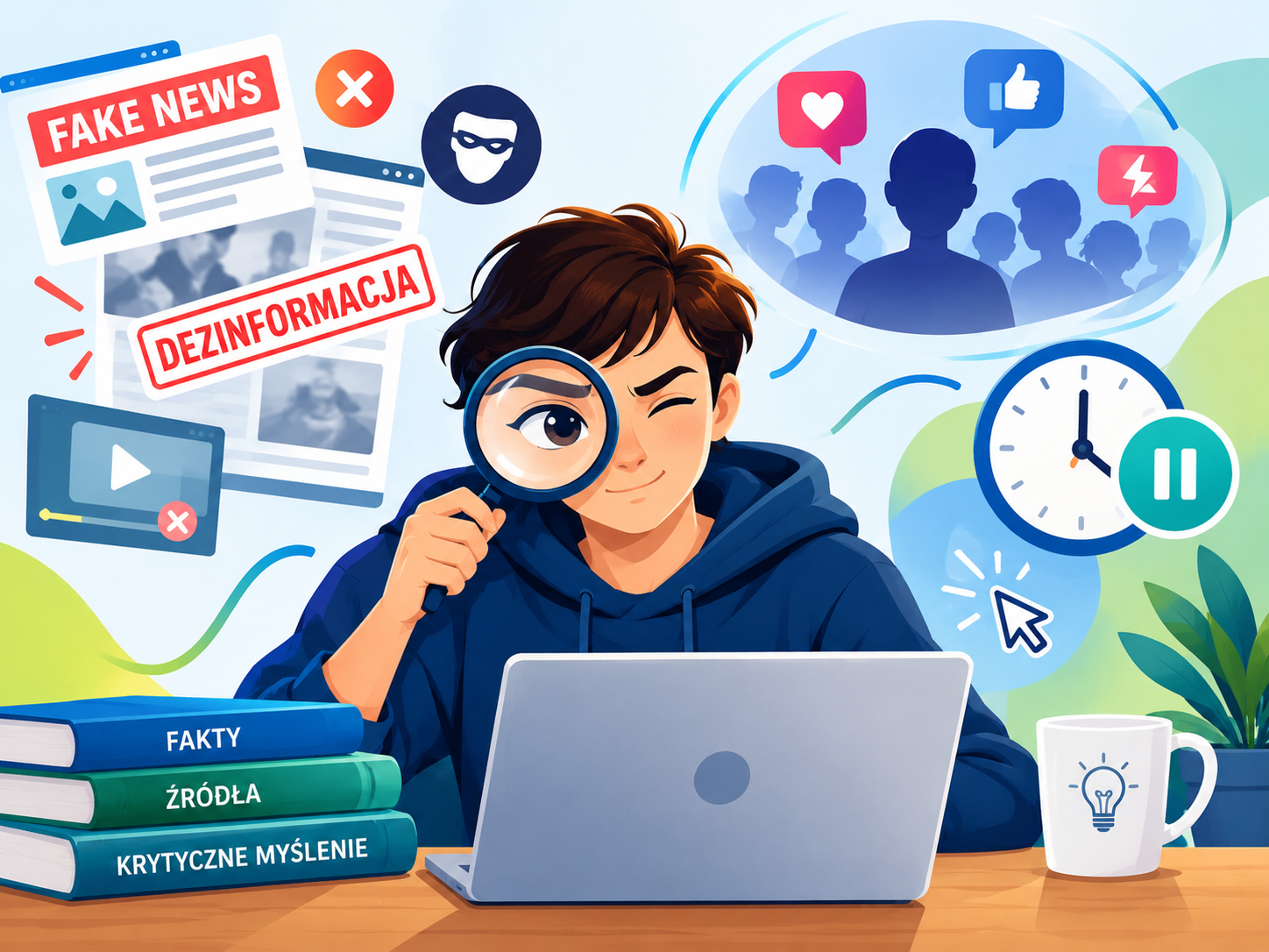 Grafika przedstawia kolorową ilustrację młodej osoby siedzącej przy biurku z&nbsp;laptopem, ubraną w&nbsp;granatową bluzę z&nbsp;kapturem. Postać trzyma lupę, przez kt&oacute;rą przygląda się ekranowi komputera, symbolizując analizę informacji. Wok&oacute;ł niej znajdują się elementy graficzne odnoszące się do tematu dezinformacji i&nbsp;krytycznego myślenia: po lewej stronie widoczne są kartki lub&nbsp;ekrany z&nbsp;napisami &bdquo;FAKE NEWS&rdquo; i&nbsp;&bdquo;DEZINFORMACJA&rdquo;, ikony maski i&nbsp;czerwonego krzyżyka, a&nbsp;także miniatura filmu z&nbsp;symbolem błędu. Po prawej stronie w&nbsp;chmurce myśli widać sylwetki ludzi oraz&nbsp;ikony serca, kciuka w&nbsp;g&oacute;rę i&nbsp;błyskawicy, symbolizujące reakcje w&nbsp;mediach społecznościowych. Obok znajduje się zegar z&nbsp;ikoną pauzy, sugerujący potrzebę zatrzymania się i&nbsp;refleksji przed podjęciem decyzji. Na biurku obok laptopa leżą trzy książki z&nbsp;napisami &bdquo;FAKTY&rdquo;, &bdquo;ŹR&Oacute;DŁA&rdquo; i&nbsp;&bdquo;KRYTYCZNE MYŚLENIE&rdquo;, a&nbsp;także biały kubek z&nbsp;symbolem żar&oacute;wki oznaczającym pomysł lub&nbsp;wiedzę. W tle widoczne są rośliny i&nbsp;jasne, abstrakcyjne kształty. Całość utrzymana jest w&nbsp;przyjaznej, edukacyjnej stylistyce, zachęcającej do świadomego korzystania z&nbsp;informacji i&nbsp;rozpoznawania fałszywych treści w&nbsp;internecie.