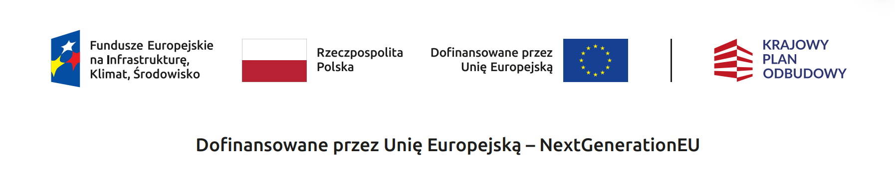 Grafika przedstawia zestaw oficjalnych logotyp&oacute;w instytucji i&nbsp;program&oacute;w finansowanych przez Unię Europejską oraz&nbsp;Rzeczpospolitą Polską. Od lewej strony widnieje kolorowe logo z&nbsp;gwiazdami i&nbsp;kształtami w&nbsp;barwach niebieskiej, ż&oacute;łtej, czerwonej i&nbsp;zielonej, obok kt&oacute;rego znajduje się napis &bdquo;Fundusze Europejskie na&nbsp;Infrastrukturę, Klimat, Środowisko&rdquo;. Następnie umieszczono flagę Polski z&nbsp;podpisem &bdquo;Rzeczpospolita Polska&rdquo;, dalej flagę Unii Europejskiej z&nbsp;napisem &bdquo;Dofinansowane przez Unię Europejską&rdquo;. Po prawej stronie widnieje pionowa linia oddzielająca czerwone logo z&nbsp;poziomymi pasami oraz&nbsp;napis &bdquo;Krajowy Plan Odbudowy&rdquo;. Pod logotypami znajduje się czarny napis &bdquo;Dofinansowane przez Unię Europejską &ndash; NextGenerationEU&rdquo;. Całość ma charakter informacyjny i&nbsp;promuje wsp&oacute;łfinansowanie projekt&oacute;w infrastrukturalnych, klimatycznych i&nbsp;środowiskowych w&nbsp;ramach programu NextGenerationEU.
