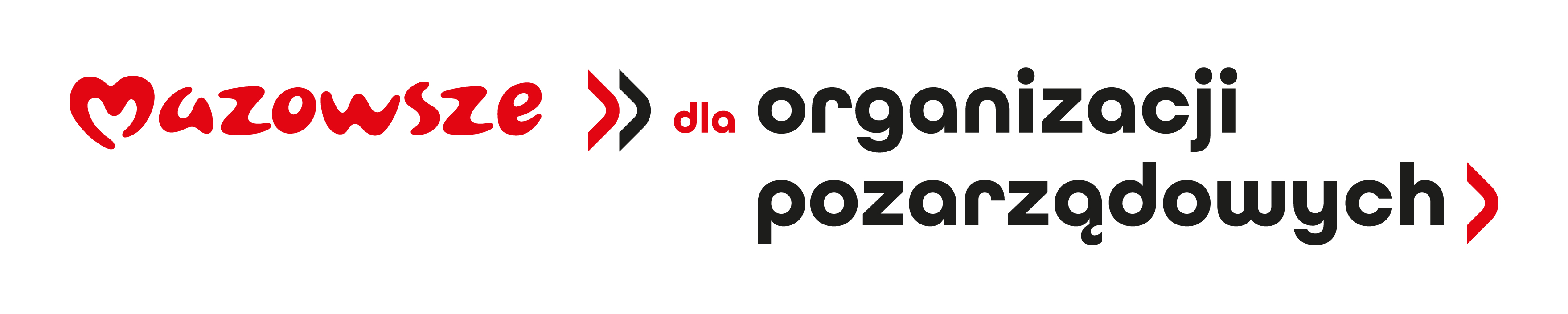 Logo inicjatywy &bdquo;Mazowsze dla organizacji pozarządowych&rdquo; przedstawia czerwony napis &bdquo;Mazowsze&rdquo; w&nbsp;zaokrąglonej, przyjaznej czcionce, obok kt&oacute;rego znajdują się dwa stylizowane czerwono‑czarne symbole strzałek skierowanych w&nbsp;prawo, sugerujące ruch i&nbsp;wsparcie; po prawej stronie widnieje czarny napis &bdquo;dla organizacji pozarządowych&rdquo; z&nbsp;mniejszym, czerwonym słowem &bdquo;dla&rdquo;, całość utrzymana w&nbsp;prostym, czytelnym układzie na&nbsp;jasnym tle, pełniąc funkcję znaku graficznego programu skierowanego do organizacji pozarządowych z&nbsp;Mazowsza.