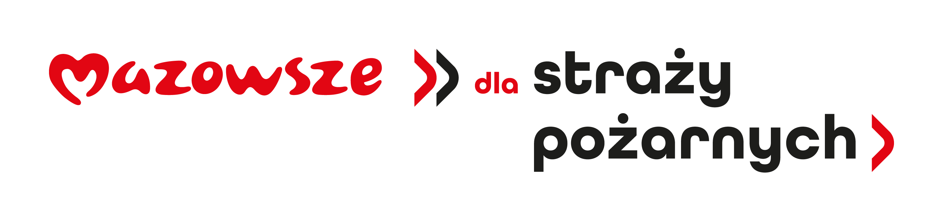Grafika przedstawia logo programu &bdquo;Mazowsze dla straży pożarnych&rdquo;. Po lewej stronie widnieje czerwony napis &bdquo;Mazowsze&rdquo; zapisany charakterystycznym, miękkim krojem pisma, w&nbsp;kt&oacute;rym litera &bdquo;M&rdquo; ma kształt stylizowanego serca. Obok znajduje się czerwony symbol przypominający podw&oacute;jną strzałkę skierowaną w&nbsp;prawo, a&nbsp;dalej czarny napis &bdquo;dla straży pożarnych&rdquo; zapisany prostym, pogrubionym fontem. Na końcu frazy umieszczono kolejną czerwoną strzałkę skierowaną w&nbsp;prawo. Całość utrzymana jest w&nbsp;minimalistycznym stylu z&nbsp;kontrastem czerwieni i&nbsp;czerni, co podkreśla energię i&nbsp;zaangażowanie regionu Mazowsza we wspieranie jednostek straży pożarnej.