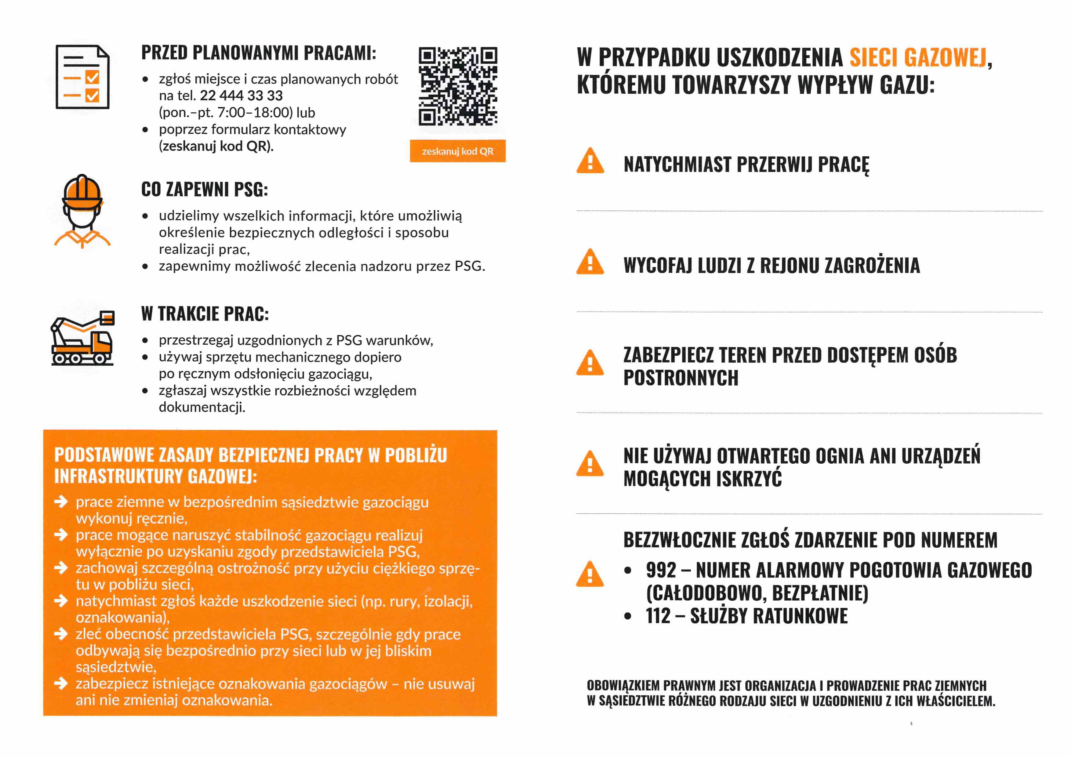 Plakat informacyjno-prewencyjny Bezpieczne Gazociągi z&nbsp;listą zasad bezpieczeństwa, numerami alarmowymi 992 i&nbsp;112 oraz&nbsp;wskaz&oacute;wkami co robić przy uszkodzeniu sieci gazowej.
