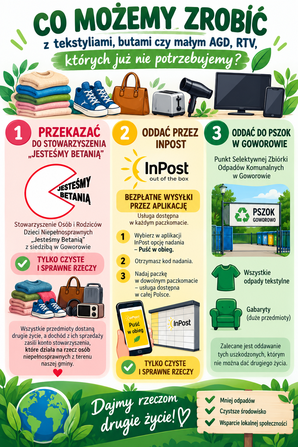 Grafika jest barwnym plakatem informacyjnym w&nbsp;języku polskim, przedstawiającym sposoby na&nbsp;odpowiedzialne pozbycie się niepotrzebnych tekstyli&oacute;w, obuwia oraz&nbsp;drobnego sprzętu AGD i&nbsp;RTV. U g&oacute;ry widnieje duży tytuł &bdquo;Co możemy zrobić z&nbsp;tekstyliami, butami czy&nbsp;małym AGD, RTV, kt&oacute;rych już nie potrzebujemy?&rdquo;. Poniżej znajdują się trzy kolorowe sekcje oznaczone numerami. Pierwsza, w&nbsp;czerwonym polu, zachęca do przekazania rzeczy Stowarzyszeniu &bdquo;Jesteśmy Betanią&rdquo; z&nbsp;siedzibą w&nbsp;Goworowie, z&nbsp;dopiskiem &bdquo;Tylko czyste i&nbsp;sprawne rzeczy&rdquo; oraz&nbsp;informacją, że&nbsp;doch&oacute;d ze sprzedaży wspiera osoby niepełnosprawne z&nbsp;terenu gminy. Druga, w&nbsp;ż&oacute;łtym polu, opisuje możliwość bezpłatnego nadania paczki przez aplikację InPost w&nbsp;ramach akcji &bdquo;Puść w&nbsp;obieg&rdquo;, z&nbsp;trzema krokami: wyb&oacute;r opcji w&nbsp;aplikacji, otrzymanie kodu nadania i&nbsp;wysyłka w&nbsp;dowolnym paczkomacie. Trzecia, w&nbsp;zielonym polu, informuje o&nbsp;możliwości oddania rzeczy do Punktu Selektywnej Zbi&oacute;rki Odpad&oacute;w Komunalnych (PSZOK) w&nbsp;Goworowie, gdzie można przekazać odpady tekstylne i&nbsp;duże gabaryty, zwłaszcza te uszkodzone, kt&oacute;rych nie da się ponownie wykorzystać. Na dole plakatu widnieje zielony napis &bdquo;Dajmy rzeczom drugie życie!&rdquo; obok ilustracji globu i&nbsp;drewnianej tabliczki z&nbsp;trzema korzyściami: mniej odpad&oacute;w, czystsze środowisko, wsparcie lokalnej społeczności. Całość utrzymana jest w&nbsp;przyjaznej, ekologicznej stylistyce z&nbsp;ilustracjami ubrań, but&oacute;w, sprzęt&oacute;w domowych i&nbsp;roślin, podkreślając ideę ponownego wykorzystania i&nbsp;troski o&nbsp;środowisko.