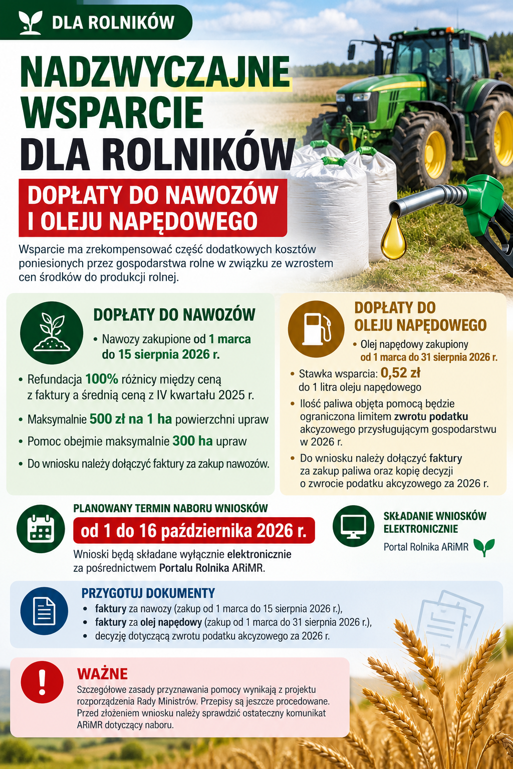 Grafika informacyjna w&nbsp;języku polskim przedstawia plakat dotyczący nadzwyczajnego wsparcia dla rolnik&oacute;w w&nbsp;2026 roku w&nbsp;formie dopłat do nawoz&oacute;w i&nbsp;oleju napędowego. W g&oacute;rnej części widoczny jest zielony ciągnik rolniczy na&nbsp;polu oraz&nbsp;duże białe worki z&nbsp;nawozem i&nbsp;dystrybutor paliwa z&nbsp;kroplą oleju napędowego. Tło utrzymane jest w&nbsp;kolorach zieleni, ż&oacute;łci i&nbsp;czerwieni, a&nbsp;treść podzielona na&nbsp;sekcje z&nbsp;ikonami symbolizującymi rośliny, paliwo, kalendarz, dokumenty i&nbsp;komputer. Plakat informuje, że&nbsp;dopłaty do nawoz&oacute;w obejmują zakup od 1 marca do 15 sierpnia 2026 roku, refundację 100% r&oacute;żnicy między ceną z&nbsp;faktury a&nbsp;średnią ceną z&nbsp;IV kwartału 2025 roku, maksymalnie 500 zł na&nbsp;hektar i&nbsp;do 300 hektar&oacute;w upraw. Dopłaty do oleju napędowego dotyczą zakup&oacute;w od 1 marca do 31 sierpnia 2026 roku, ze stawką wsparcia 0,52 zł za litr paliwa, w&nbsp;ramach limitu zwrotu podatku akcyzowego. Nab&oacute;r wniosk&oacute;w planowany jest od 1 do 16 października 2026 roku, wyłącznie elektronicznie przez Portal Rolnika ARiMR. W sekcji &bdquo;Przygotuj dokumenty&rdquo; wymieniono faktury za nawozy i&nbsp;paliwo oraz&nbsp;decyzję o&nbsp;zwrocie podatku akcyzowego. Na dole znajduje się czerwone pole &bdquo;Ważne&rdquo;, informujące, że&nbsp;szczeg&oacute;łowe zasady pomocy wynikają z&nbsp;projektu rozporządzenia Rady Ministr&oacute;w i&nbsp;należy sprawdzić komunikat ARiMR przed złożeniem wniosku. Całość ma charakter urzędowego ogłoszenia skierowanego do rolnik&oacute;w, z&nbsp;czytelnym układem graficznym i&nbsp;elementami wizualnymi nawiązującymi do pracy w&nbsp;gospodarstwie rolnym.