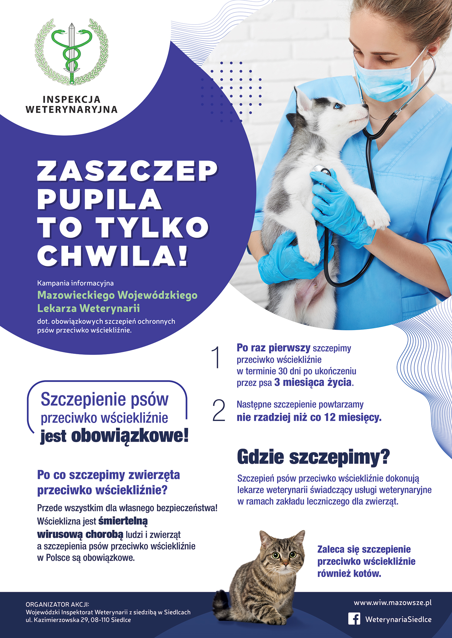 Plakat informacyjny Inspekcji Weterynaryjnej zachęcający do obowiązkowego szczepienia ps&oacute;w przeciwko wściekliźnie. Na środku widoczny jest weterynarz w&nbsp;niebieskich ubraniu medycznym, rękawiczkach i&nbsp;maseczce, trzymający na&nbsp;rękach małego szczeniaka husky. W tle jasne, jednolite tło. Po lewej stronie znajdują się logotypy instytucji. Tekst na&nbsp;plakacie wyjaśnia, że&nbsp;szczepienie ps&oacute;w przeciwko wściekliźnie jest obowiązkowe, opisuje terminy pierwszego i&nbsp;kolejnych szczepień oraz&nbsp;wskazuje, że&nbsp;wykonują je lekarze weterynarii w&nbsp;lecznicach. Na dole po prawej stronie widoczny jest zdjęcie kota. Plakat zawiera r&oacute;wnież dane organizatora akcji &ndash; Mazowieckiego Wojew&oacute;dzkiego Lekarza Weterynarii w&nbsp;Siedlcach.