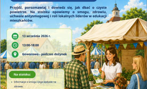 Plakat stoisko edukacyjne Ochrona powietrza z hasłem Mazowsze bez smogu, opisem wydarzenia i zdjęciem stoiska na świeżym powietrzu.