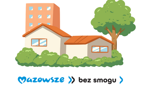 Ilustracja domków z zielonymi drzewami i krzewami oraz napisem Mazowsze bez smogu.