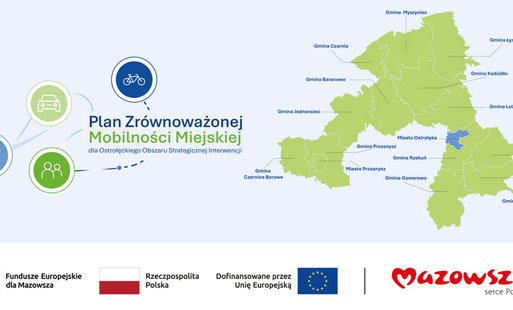 Grafika przedstawiająca mapę regionu Ostrołęki i napis Plan Zrównoważonej Mobilności Miejskiej z ikonami roweru, samochodu i osób oraz logotypami funduszy.