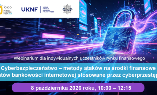Grafika zaproszenia na webinarium o cyberbezpieczeństwie bankowości internetowej: niebiesko-fioletowa wizualizacja z kłódką nad miastem i napisem o terminie 8 października 2026.