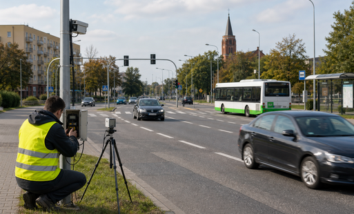 Urzędnik w żółtej kamizelce obsługuje statyw z aparaturą do pomiaru ruchu na ulicy, w tle jadą samochody i autobus.