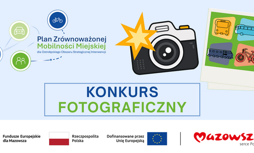 Ilustracja plakatu konkursu fotograficznego z ikonami transportu, aparatem z gwiazdą, napisem KONKURS FOTOGRAFICZNY i logotypami Funduszy Europejskich oraz Mazowsza.