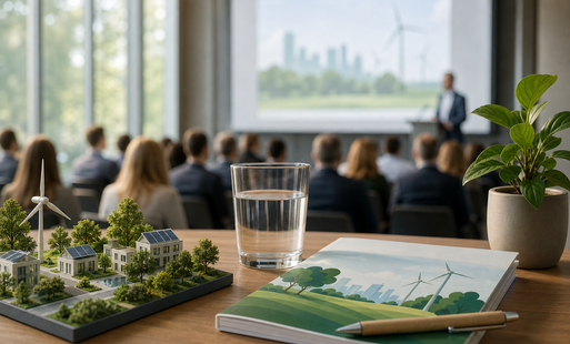 Sala konferencyjna z widownią, na stole w pierwszym planie model budynków z panelami słonecznymi, szklanka, zeszyt oraz doniczka z rośliną.