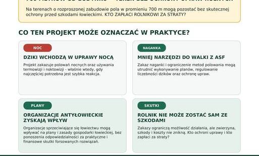Grafika informacyjna z nagłówkami: Noc, Nagan ka, Plany, Skutki oraz opisami dotyczących dzików i szkód dla rolników w projekcie zmian prawa łowieckiego.