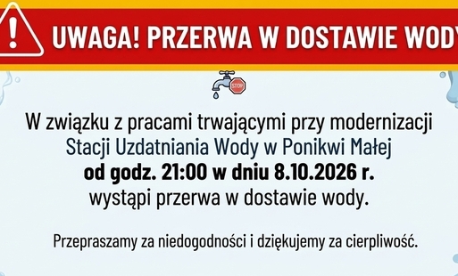 Czerwony baner z ostrzeżeniem Uwaga! Przerwa w dostawie wody oraz tekstem, że w związku z pracami trwającymi przy modernizacji stacji uzdatniania wody w Ponikwi Małej przewidywana jest przerwa w dostawie wody od godz. 21:00 dnia 8.10.2026.