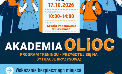 Plakat Krajowy Trening Rodzinny z grafiką rodziny i ratownika, kalendarzem z datą 17.10.2026 oraz informacjami o programie Akademia Olic i punktami szkolenia.
