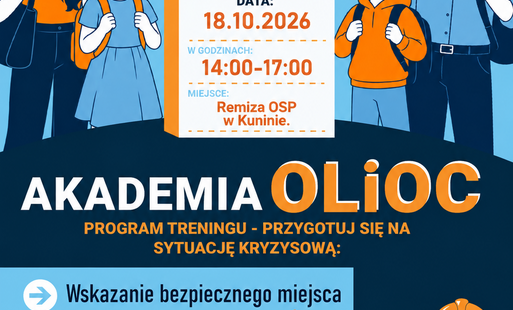 Plakat Krajowy Trening Rodzinny Akademia Olicoc z datą 18.10.2026, godzinami 14:00–17:00, miejscem Remiza OSP w Kuninie oraz ilustracjami rodziny i strażaka.