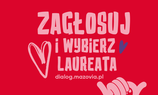 Czerwony plakat konkursu Mazowieckie Barwy Wolontariatu z napisem ZACZOSUJ i wybierz laureata, logo Mazowsze, ikonami dłoni oraz hasłem dialog.mazovia.pl.
