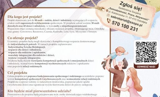Plakat projektu Razem dla Rodziny z napisem realizator projektu oraz ilustracją rodziny i dziecka oraz kodem QR i danymi kontaktowymi.