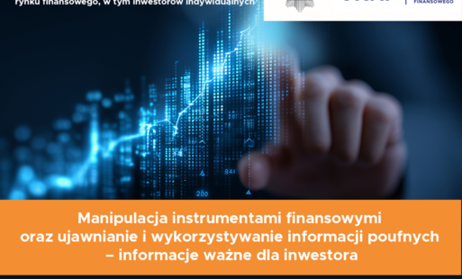 Dłoni z odręcznym wskaźnikiem na tle cyfrowego wykresu i panoramy miasta, z pomarańczowym napisem Manipulacja instrumentami finansowymi oraz ujawnianie i wykorzystywanie informacji poufnych.
