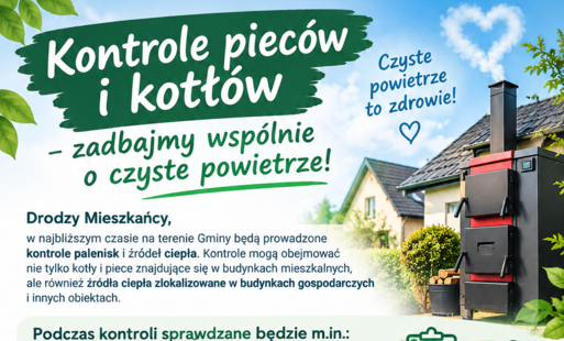 Grafika informacyjna z napisem Kontrole pieców i kotłów, czyste powietrze to zdrowie, z widokiem komina i stosu czarnych pieców na tle domów i nieba.