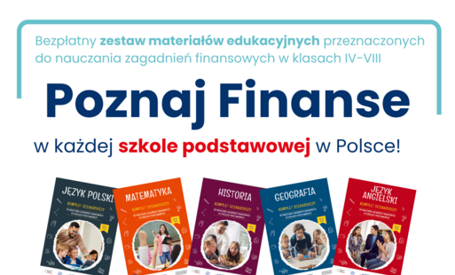 Grafika informacyjna programu Poznaj Finanse z napisem o darmowych materiałach edukacyjnych oraz pięcioma kolorowymi okładkami podręczników dla języka polskiego, matematyki, historii, geografii i angielskiego.