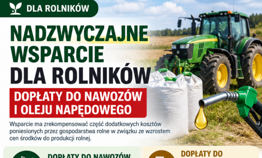 Plakat dla rolników z napisem Dopłaty do nawozów i oleju napędowego, zielonym traktorem na polu oraz workami z nawozem, z pistoletową dystrybucją paliwa w kadrze.
