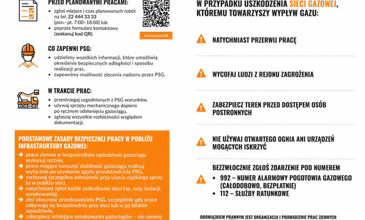 Plakat informacyjno-prewencyjny Bezpieczne Gazociągi z listą zasad bezpieczeństwa, numerami alarmowymi 992 i 112 oraz wskazówkami co robić przy uszkodzeniu sieci gazowej.