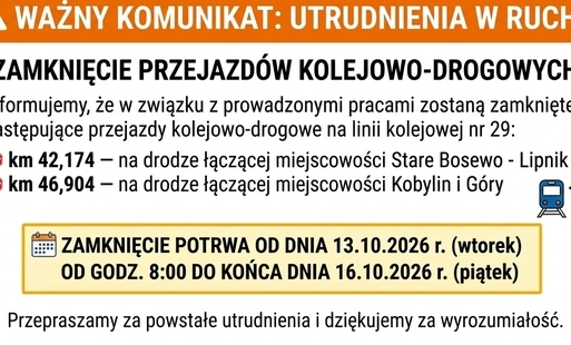 Uprzejmie informuję, że w związku z prowadzonymi pracami zostaną zamknięte następujące przejazdy kolejowo-drogowe na linii kolejowej nr 29: w km 42,174, na drodze łączącej miejscowości Stare Bosewo - Lipnik oraz w km 46,904, na drodze łączącej miejscowości Kobylin i Góry.