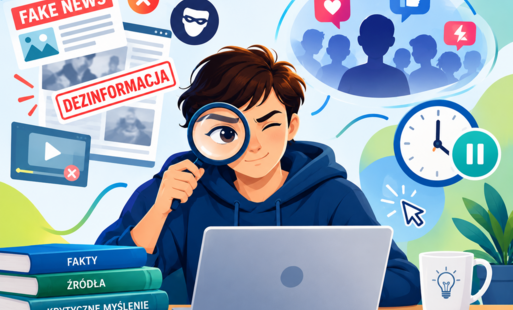 Ilustracja przedstawiająca uśmiechniętego chłopca w okularach z lupą nad laptopem, na tle znaków fake news i dezinformacja oraz ikon z zegarem i wiadomościami.