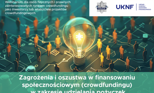 Zielono-niebieska grafika z żarówką na tle sieci połączonych sylwetek ludzi oraz napisami Zagrożenia i oszustwa w finansowaniu społecznosciowym (crowdfundingu) w zakresie udzielania pożyczek.