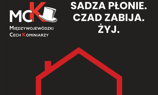 Grafika kampanii z hasłem SADZA PŁONIE CZAD ZABIJA ŻYJ oraz symbolami MC i Cech Kominiarzy na ciemnym tle, z czerwonym obrysem komina.